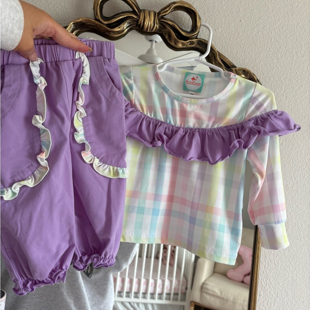 The Smocked Flamingo pastel check purple 2 pc set